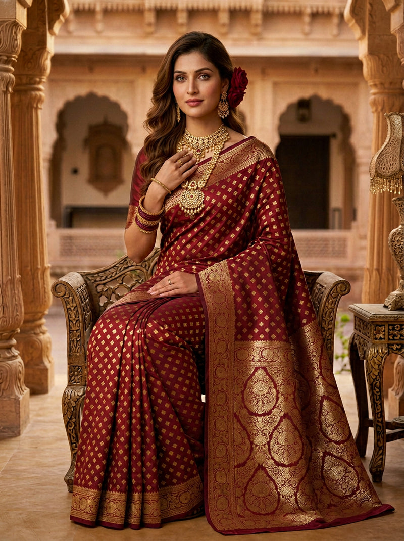 Maroon Banarasi Silk Saree with Golden Zari Butti Work, Traditional Woven Border & Rich Pallu for Women