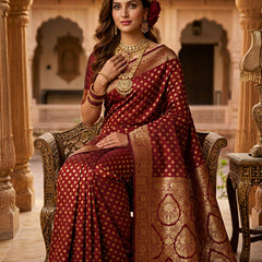 Maroon Banarasi Silk Saree with Golden Zari Butti Work, Traditional Woven Border & Rich Pallu for Women