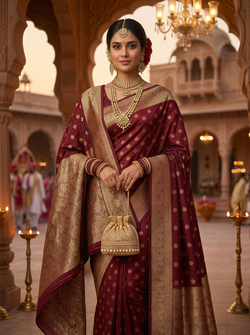 Maroon Banarasi Silk Saree with Golden Zari Butti Work, Traditional Woven Border & Rich Pallu for Women
