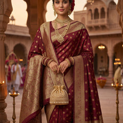 Maroon Banarasi Silk Saree with Golden Zari Butti Work, Traditional Woven Border & Rich Pallu for Women