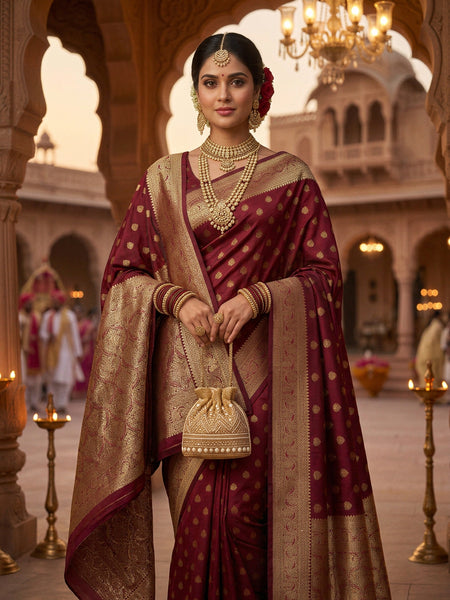 Maroon Banarasi Silk Saree with Golden Zari Butti Work, Traditional Woven Border & Rich Pallu for Women
