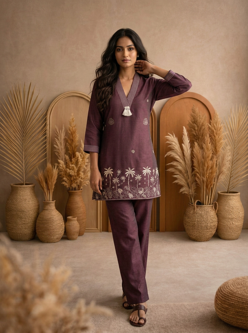 Plum Ochre Co-ord Set: Hand-Embroidered Tunic with Ivory Tassels & Pants