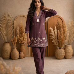 Plum Ochre Co-ord Set: Hand-Embroidered Tunic with Ivory Tassels & Pants