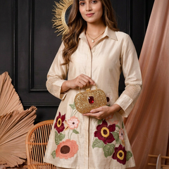 Ivory Floral Embroidered Shirt-Style Co-ord with Cutwork Sleeves