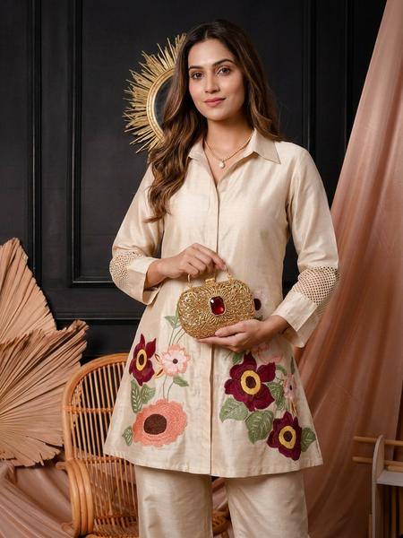 Ivory Floral Embroidered Shirt-Style Co-ord with Cutwork Sleeves