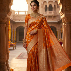 Orange Banarasi Silk Saree with Golden Zari Butti Work, Rich Woven Border & Traditional Designer Pallu for Women