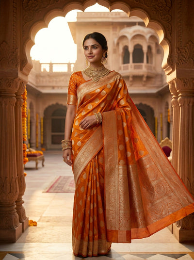 Orange Banarasi Silk Saree with Golden Zari Butti Work, Rich Woven Border & Traditional Designer Pallu for Women