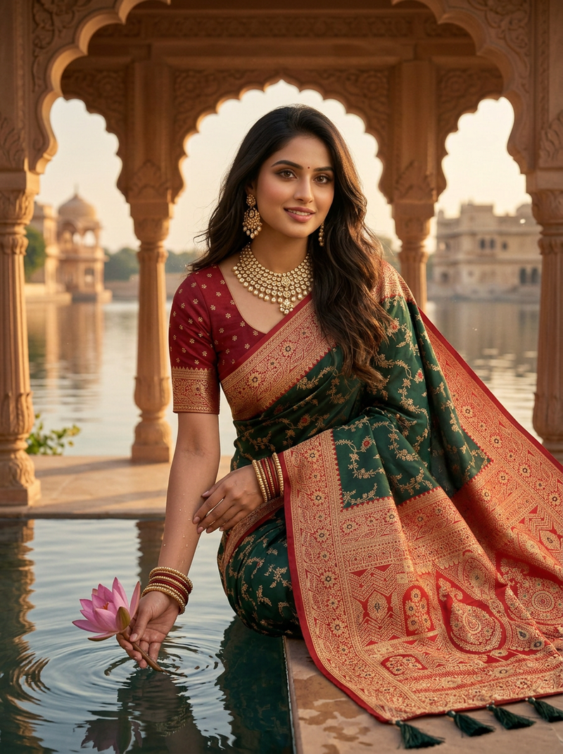Majestic Bottle Green Banarasi Silk Saree with Crimson Red Contrast Border & Blouse Piece