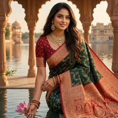 Majestic Bottle Green Banarasi Silk Saree with Crimson Red Contrast Border & Blouse Piece