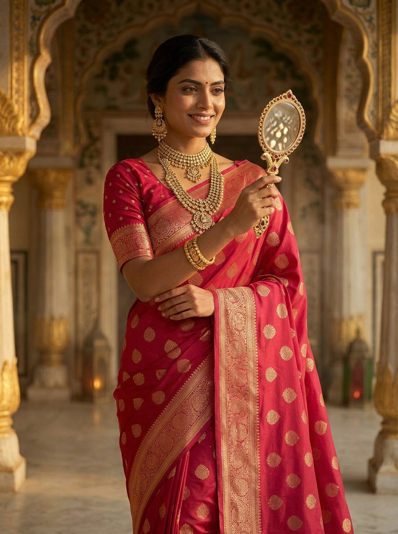 Rani Pink Banarasi Silk Saree with Golden Zari Butti Work, Traditional Woven Border & Rich Designer Pallu for Women
