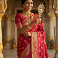 Rani Pink Banarasi Silk Saree with Golden Zari Butti Work, Traditional Woven Border & Rich Designer Pallu for Women