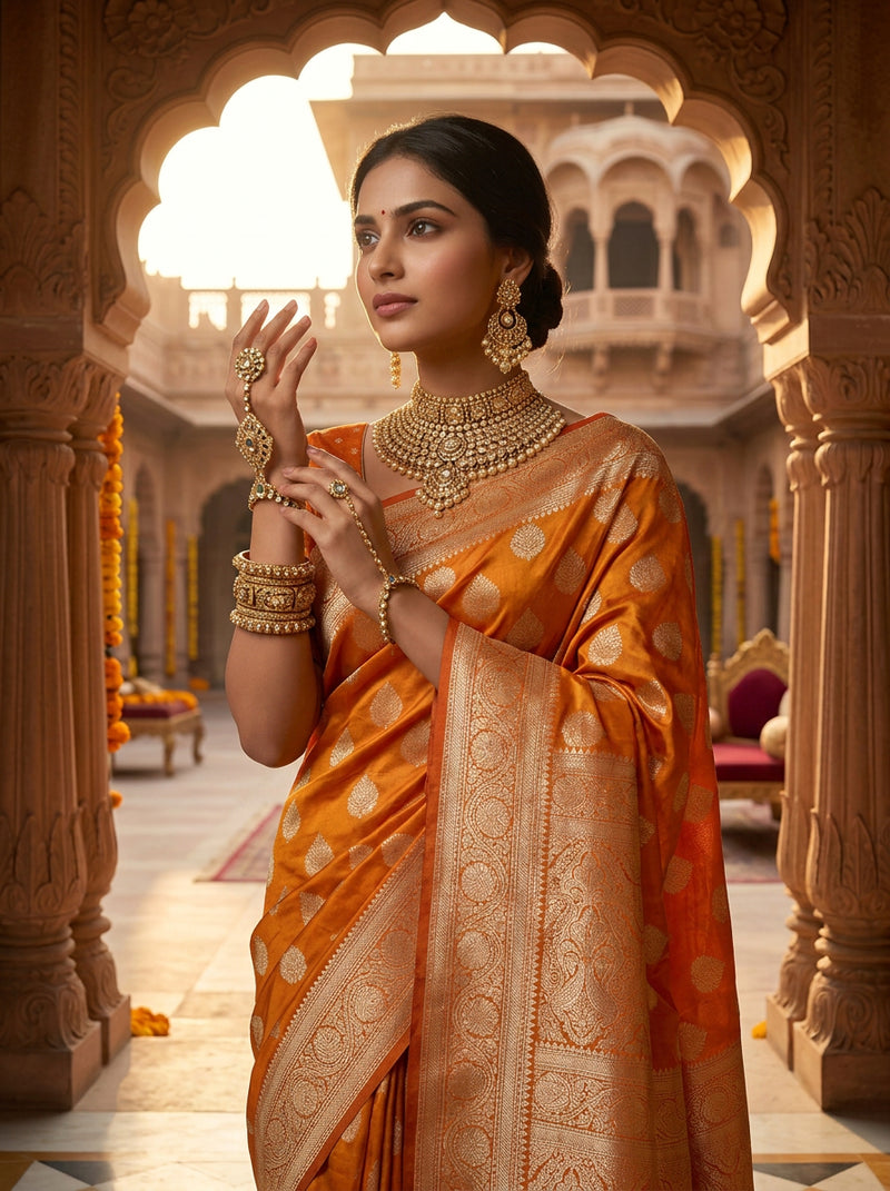 Orange Banarasi Silk Saree with Golden Zari Butti Work, Rich Woven Border & Traditional Designer Pallu for Women