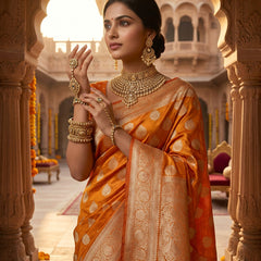 Orange Banarasi Silk Saree with Golden Zari Butti Work, Rich Woven Border & Traditional Designer Pallu for Women