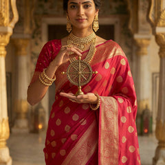 Rani Pink Banarasi Silk Saree with Golden Zari Butti Work, Traditional Woven Border & Rich Designer Pallu for Women