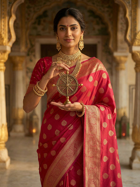 Rani Pink Banarasi Silk Saree with Golden Zari Butti Work, Traditional Woven Border & Rich Designer Pallu for Women
