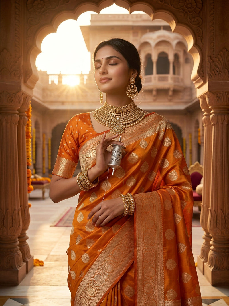 Orange Banarasi Silk Saree with Golden Zari Butti Work, Rich Woven Border & Traditional Designer Pallu for Women