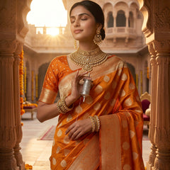 Orange Banarasi Silk Saree with Golden Zari Butti Work, Rich Woven Border & Traditional Designer Pallu for Women