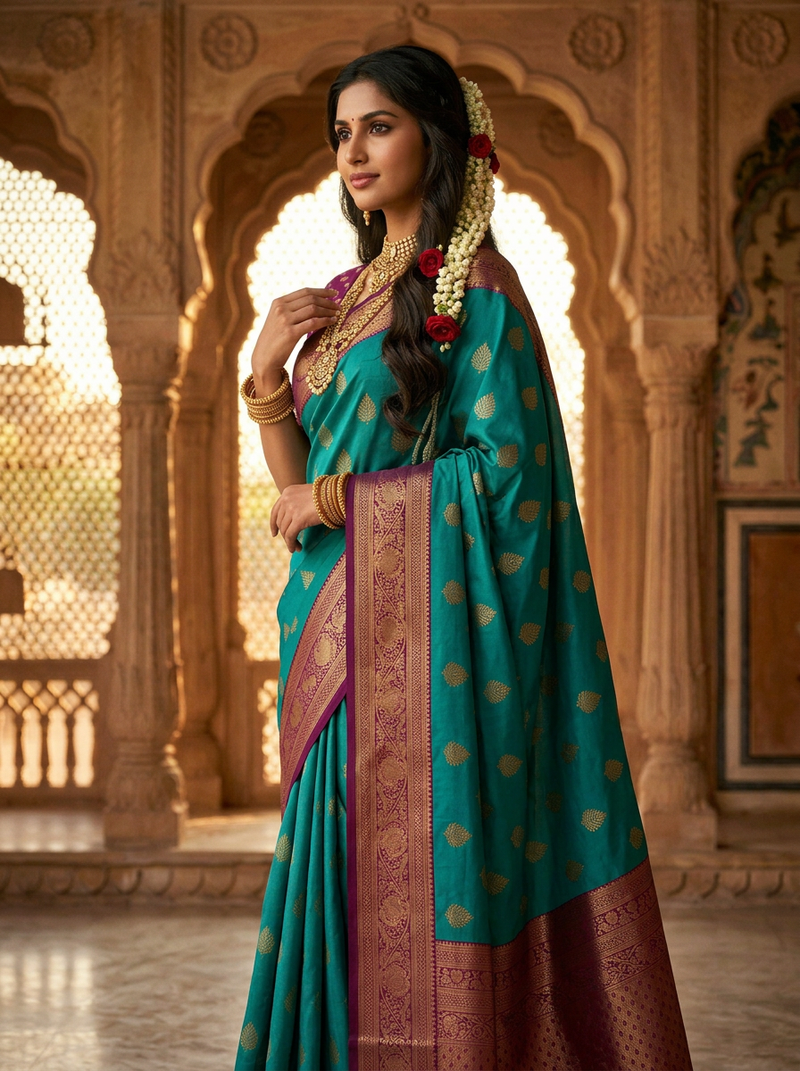 Peacock Blue & Royal Purple Motifs Banarasi Silk Saree