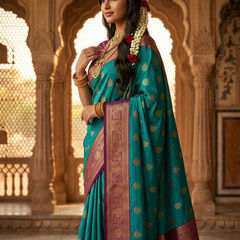 Peacock Blue & Royal Purple Motifs Banarasi Silk Saree