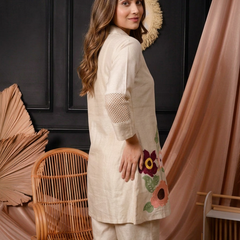 Ivory Floral Embroidered Shirt-Style Co-ord with Cutwork Sleeves