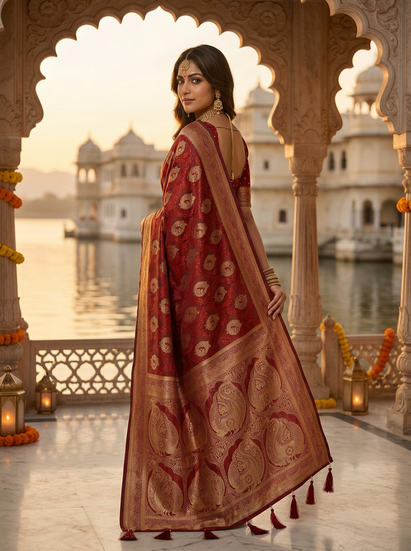Bridal Red Banarasi Silk Saree with Golden Paisley Zari Work, Rich Woven Border & Traditional Designer Pallu for Women