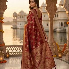 Bridal Red Banarasi Silk Saree with Golden Paisley Zari Work, Rich Woven Border & Traditional Designer Pallu for Women