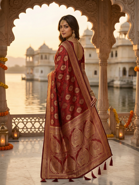Bridal Red Banarasi Silk Saree with Golden Paisley Zari Work, Rich Woven Border & Traditional Designer Pallu for Women