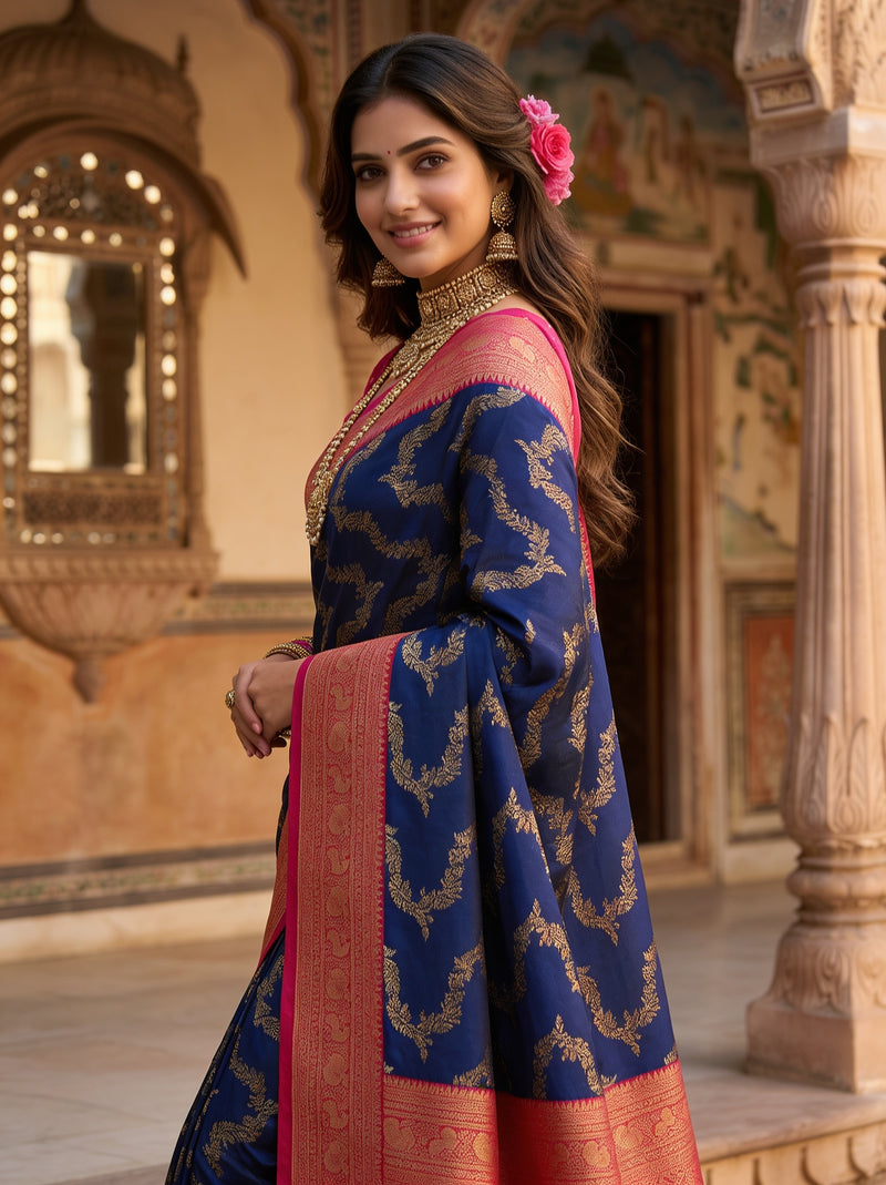Royal Blue Art Silk Banarasi Saree with Magenta Pink Contrast Border & Blouse Piece