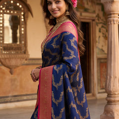 Royal Blue Art Silk Banarasi Saree with Magenta Pink Contrast Border & Blouse Piece