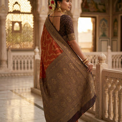 Rust Orange Art Silk Banarasi Saree with Deep Brown Contrast Border & Blouse Piece