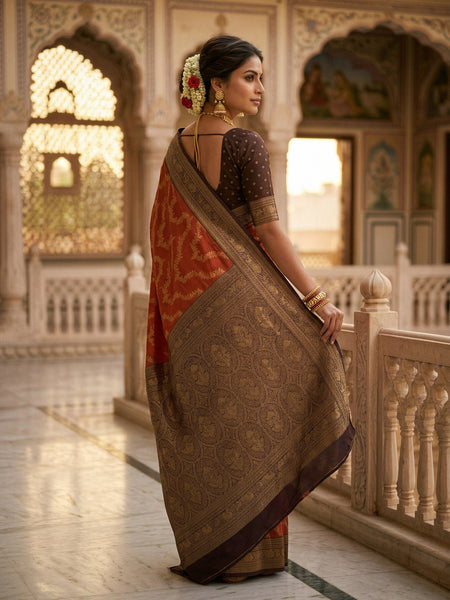 Rust Orange Art Silk Banarasi Saree with Deep Brown Contrast Border & Blouse Piece