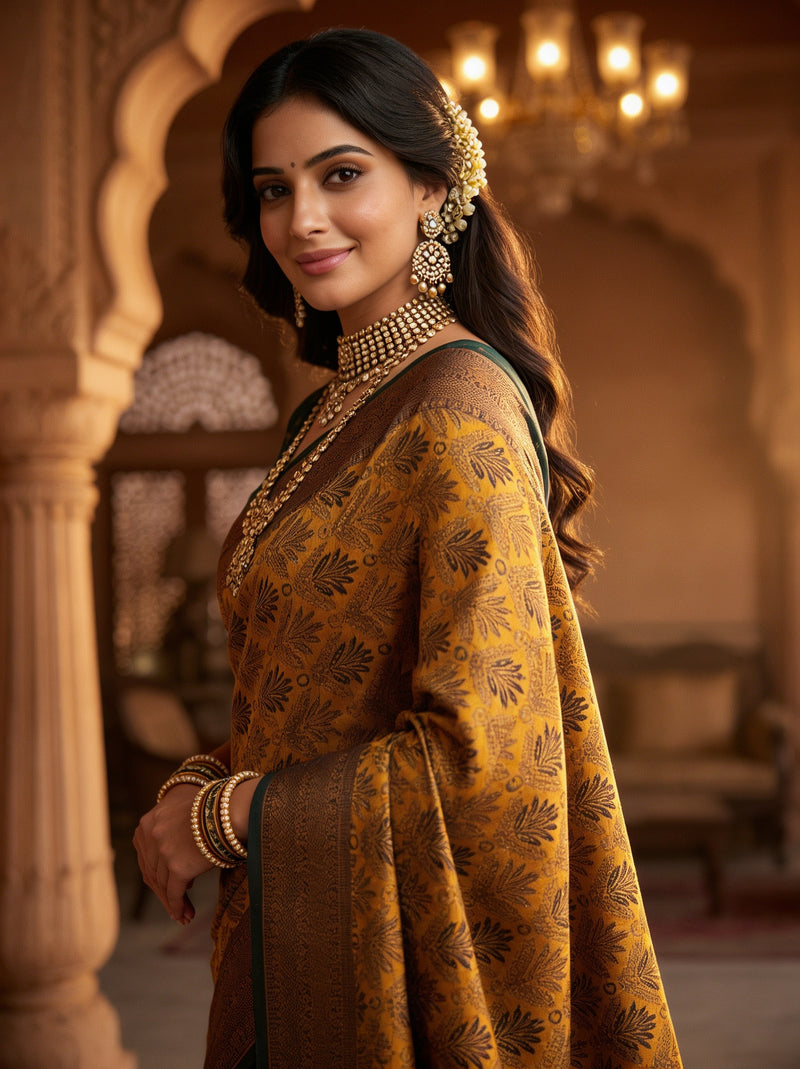 Antique Golden & Bottle Green Jacquard Woven Saree with Rich Copper Zari Border & Pallu