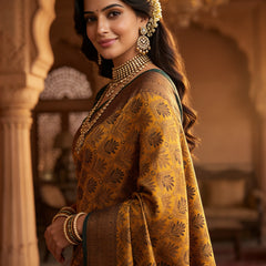 Antique Golden & Bottle Green Jacquard Woven Saree with Rich Copper Zari Border & Pallu