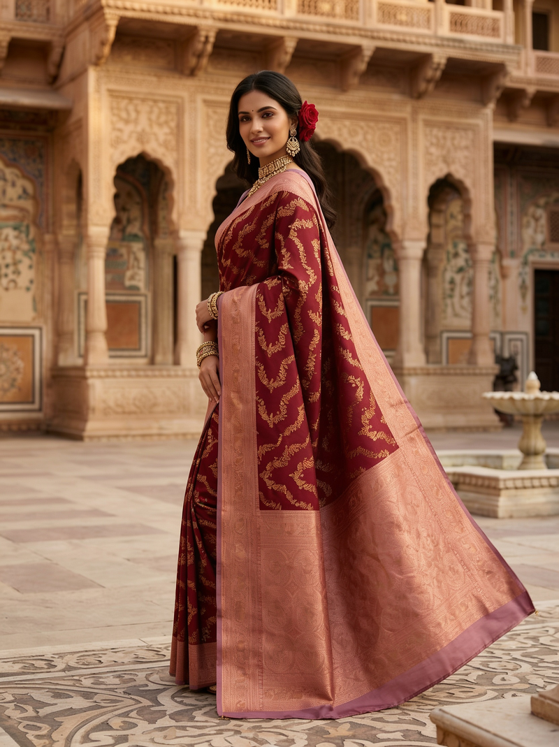 Maroon Red Art Silk Banarasi Saree with Dusty Lavender-Pink Contrast Pallu & Blouse Piece