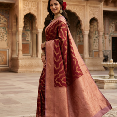 Maroon Red Art Silk Banarasi Saree with Dusty Lavender-Pink Contrast Pallu & Blouse Piece