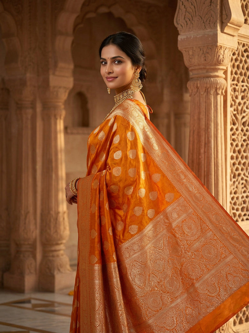 Orange Banarasi Silk Saree with Golden Zari Butti Work, Rich Woven Border & Traditional Designer Pallu for Women