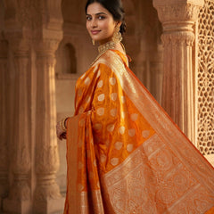 Orange Banarasi Silk Saree with Golden Zari Butti Work, Rich Woven Border & Traditional Designer Pallu for Women