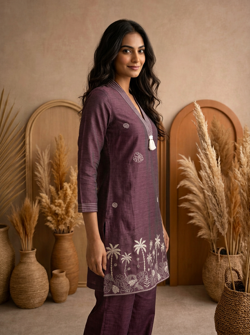 Plum Ochre Co-ord Set: Hand-Embroidered Tunic with Ivory Tassels & Pants