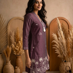 Plum Ochre Co-ord Set: Hand-Embroidered Tunic with Ivory Tassels & Pants