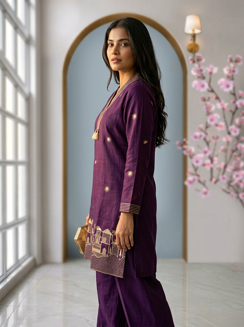 Heritage Elegance: Deep Purple Embroidered Kurta Co-ord Set with Tassels