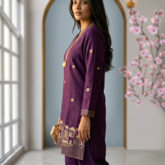 Heritage Elegance: Deep Purple Embroidered Kurta Co-ord Set with Tassels
