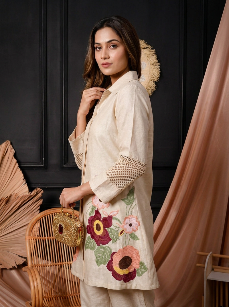 Ivory Floral Embroidered Shirt-Style Co-ord with Cutwork Sleeves