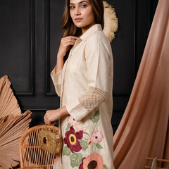 Ivory Floral Embroidered Shirt-Style Co-ord with Cutwork Sleeves