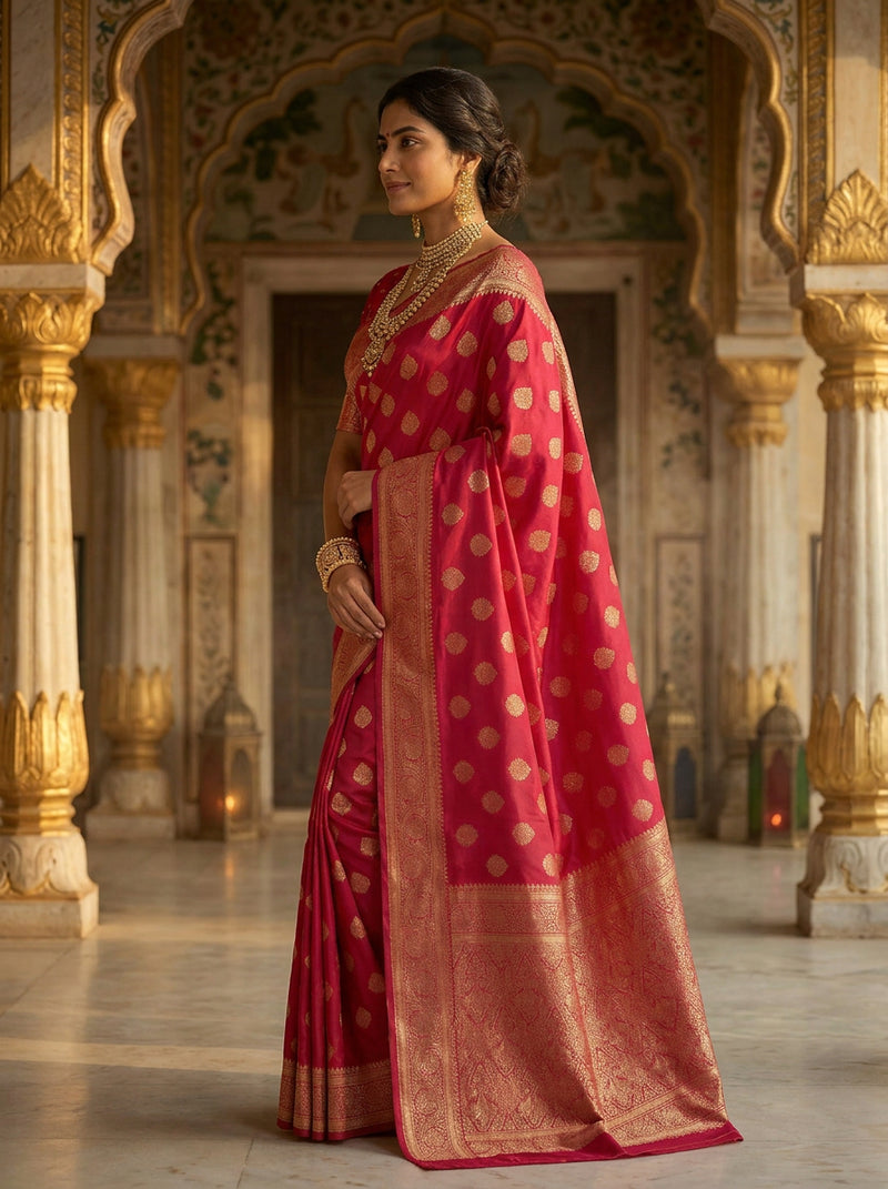 Rani Pink Banarasi Silk Saree with Golden Zari Butti Work, Traditional Woven Border & Rich Designer Pallu for Women
