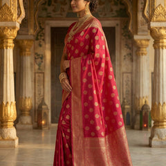 Rani Pink Banarasi Silk Saree with Golden Zari Butti Work, Traditional Woven Border & Rich Designer Pallu for Women
