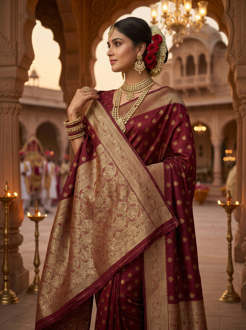 Maroon Banarasi Silk Saree with Golden Zari Butti Work, Traditional Woven Border & Rich Pallu for Women