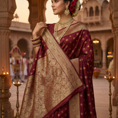 Maroon Banarasi Silk Saree with Golden Zari Butti Work, Traditional Woven Border & Rich Pallu for Women