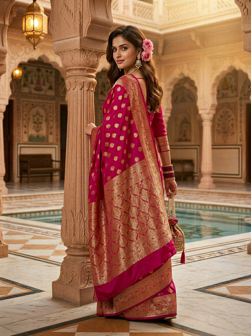 Rani Pink Banarasi Silk Saree with Golden Zari Butti Work, Broad Woven Border & Rich Designer Pallu for Women