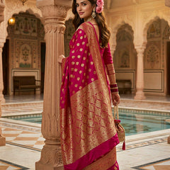 Rani Pink Banarasi Silk Saree with Golden Zari Butti Work, Broad Woven Border & Rich Designer Pallu for Women