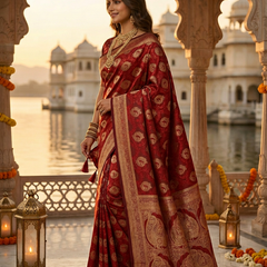 Bridal Red Banarasi Silk Saree with Golden Paisley Zari Work, Rich Woven Border & Traditional Designer Pallu for Women